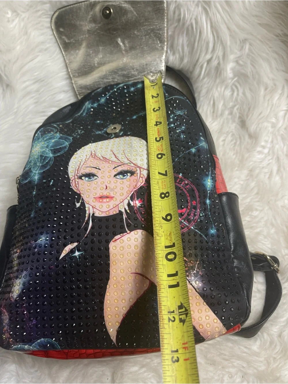 Nicole Lee Black Holographic Flap Starlet Illustration  small Backpack.